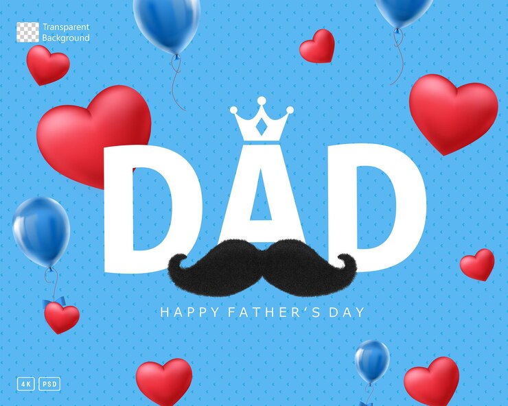 PSD 3d rendering word dad con bigote corazones rojos y globos azules
