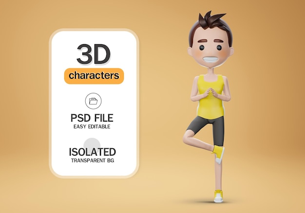 3D-Rendering Yoga-Junge meditiert Cartoon-männliche 3D-Figur beim Yoga