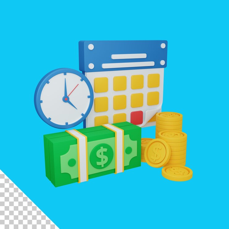 PSD 3d-rendering-zeit ist geldkonzept mit uhrenkalender und buntem geld