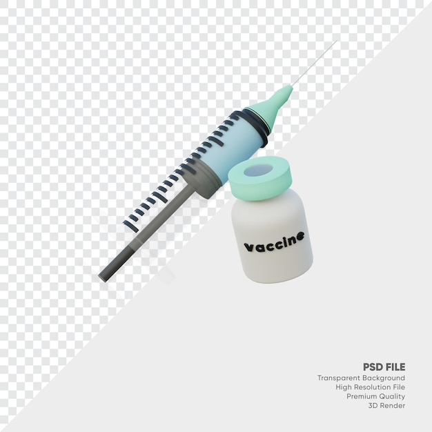 3D-Renderingo der klaren medizinischen Spritze und der Impfstoffflasche