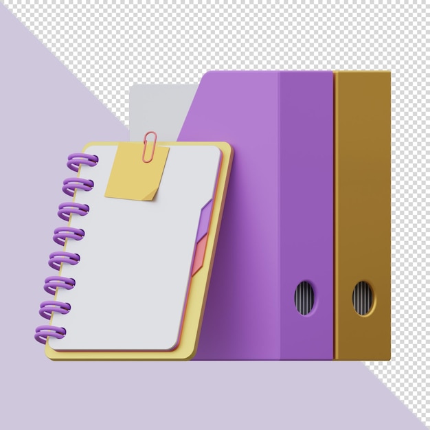 PSD 3d renderiza o fichário roxo e amarelo com um clipe de papel nele