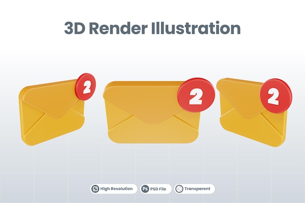 3d renderiza o ícone de notificação de correio dois com correio laranja e notificação vermelha de dois