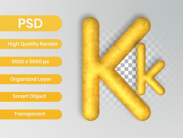 PSD 3d renderiza o luxo dourado do alfabeto com textura. desenho da letra k