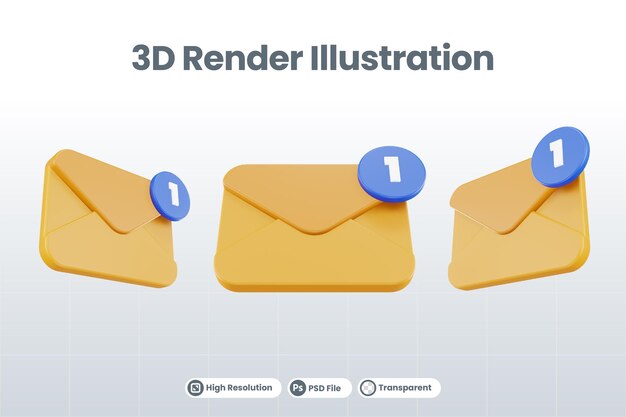 3d renderiza um ícone de notificação de correio com correio laranja e uma notificação azul