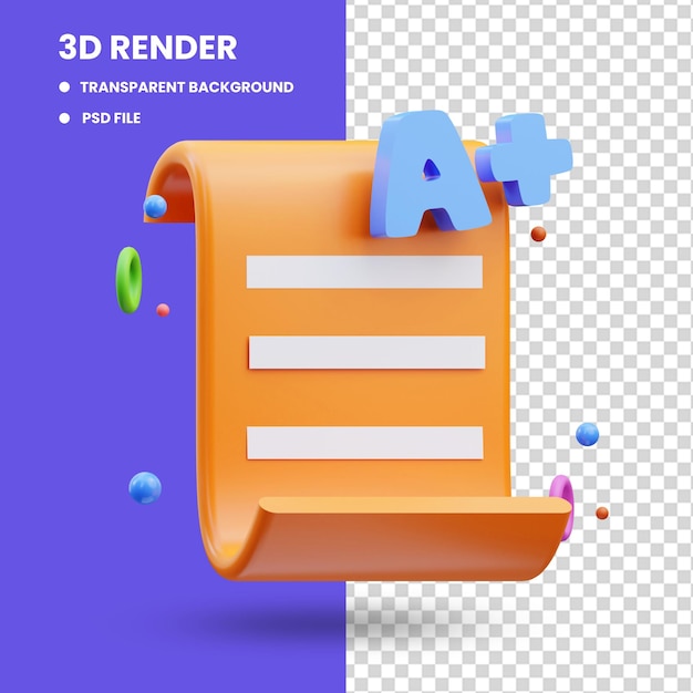 3d renderização da ilustração do ícone de papel dos resultados do exame com uma nota, de volta à escola