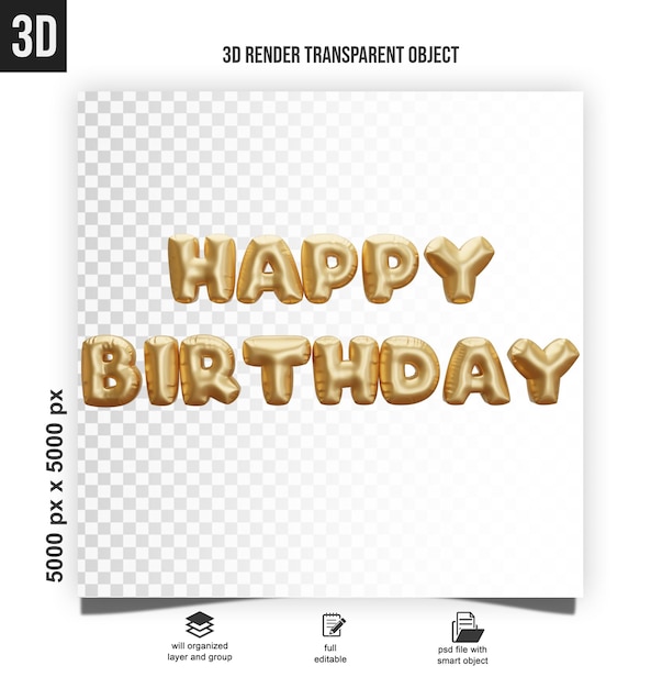 3d renderização de balões de ouro fonte feliz aniversário com confeti decoração flutuante colorido