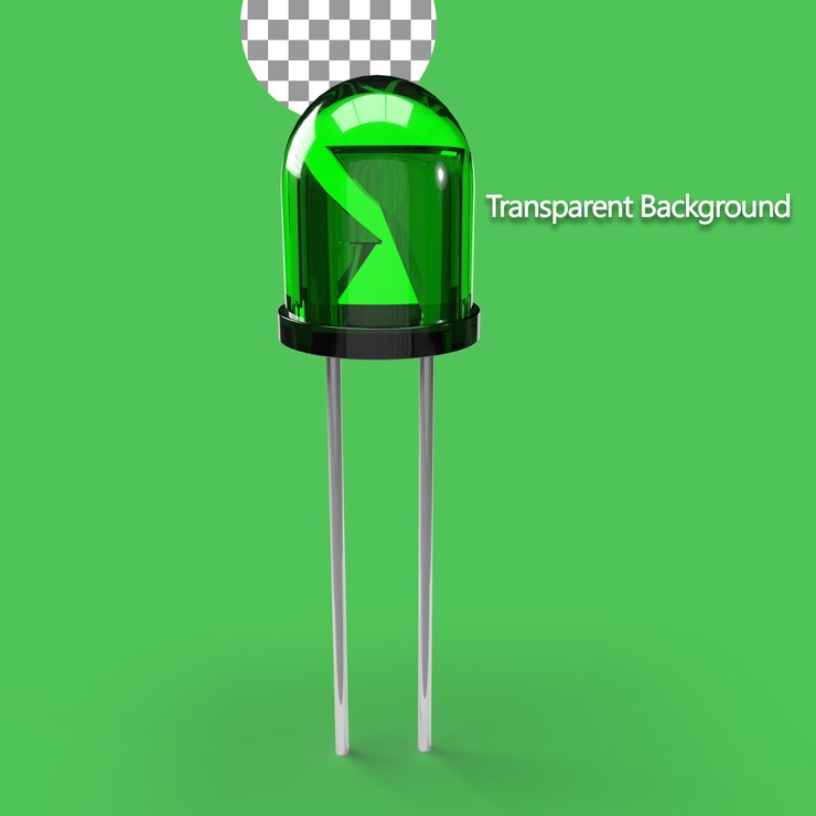 PSD 3d renderização de diodo emissor de luz verde em fundo branco diodo semicondutor componente elétrico