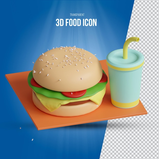 3d renderização de hambúrguer delicioso e bebidas frias ícone transparente vista isolada