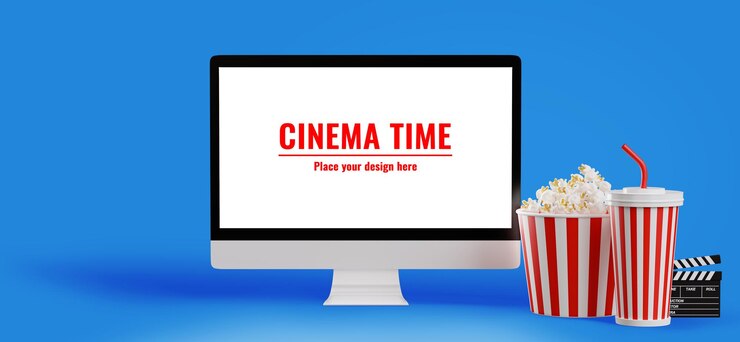 PSD 3d renderização de monitor de pc com cinema timesnackreel filme sobre fundo azul