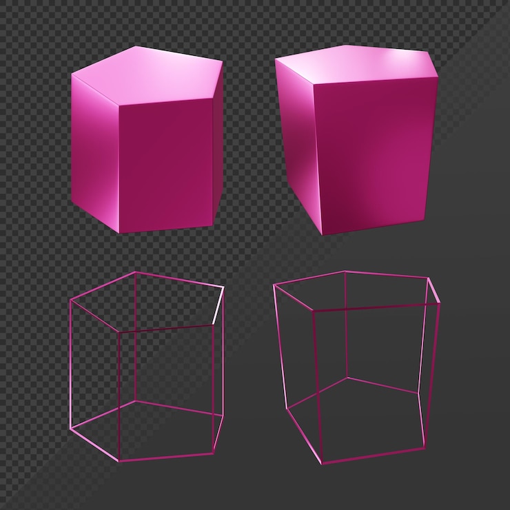 PSD 3d renderização de perspectiva de objeto de geometria de prisma pentagonal brilhante sólido e com fio e ortográfica