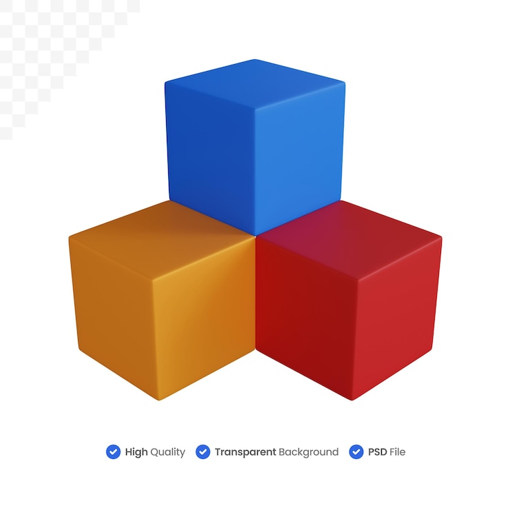 PSD 3d renderização de três cubos com várias cores isoladas