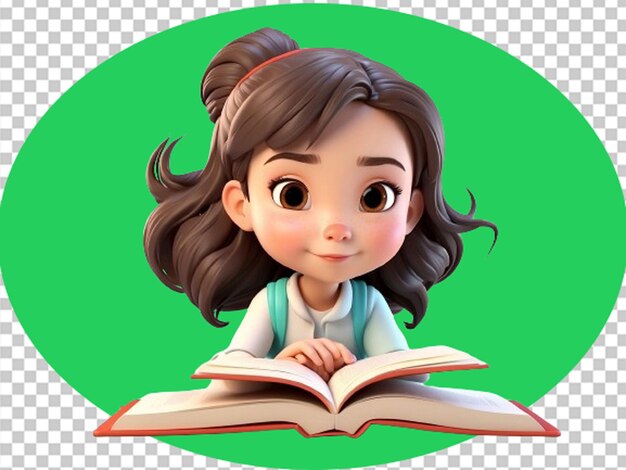 PSD 3d renderização de uma garota de desenho animado bonita ler um livro