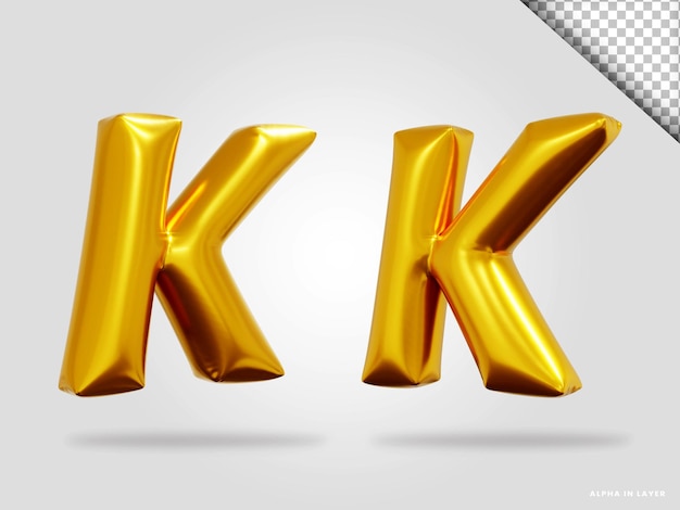 3d renderização do estilo de balão de letra K do alfabeto dourado