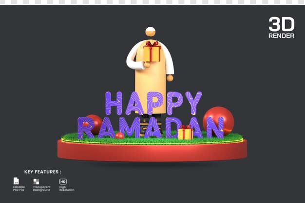 3d renderização feliz ramadã decoração com personagem masculino segurando caixa de presente na ilustração do pódio