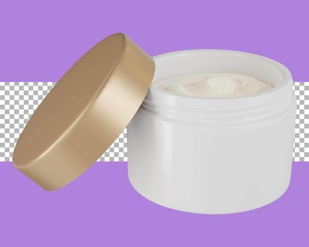 PSD 3d renderização frasco de creme cosmético branco aberto tampa de ouro transparente