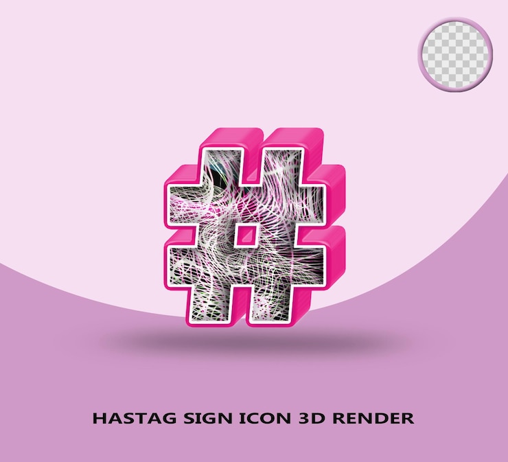 PSD 3d renderização hastag linha de ícone de sinal rosa brilhante com linha de onda abstrata