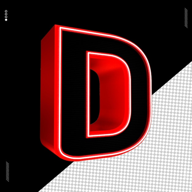 3d renderização letra d fonte vermelho néon