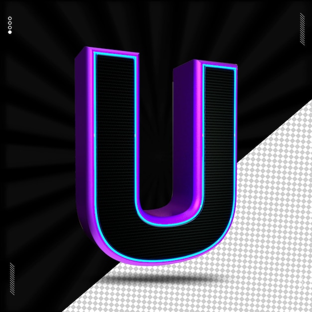 3d renderização letra u fonte neon