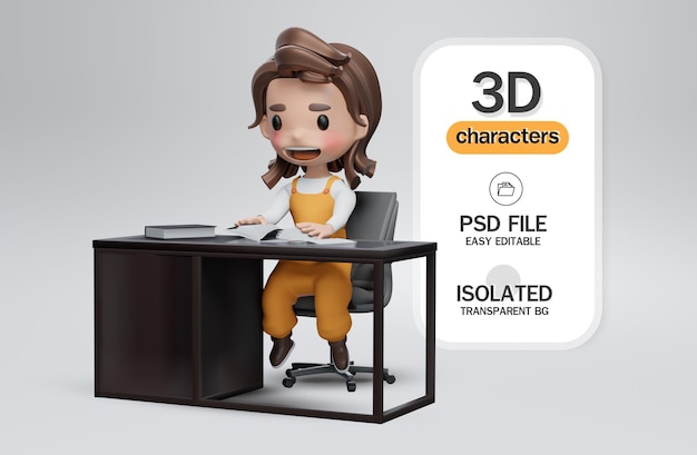 3d renderização Linda garota sentada em uma mesa e trabalhando em casa em e-class