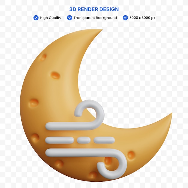 PSD 3d renderização lua crescente com ilustração de vento isolada