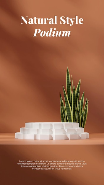 3d renderização modelo de maquete de imagem marrom pódio de passo branco em layout de retrato com planta de cobra