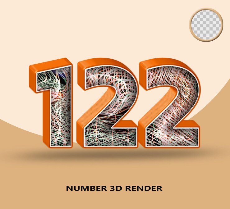 PSD 3d renderização número 122 linha laranja brilhante com linha de onda abstrata