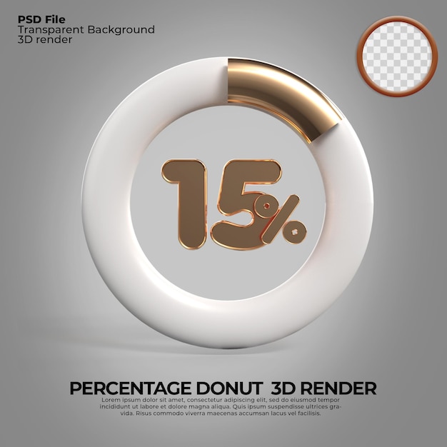 3D Renderização número 15 donut de porcentagem para estilo de ouro de infografia de relatório de progresso