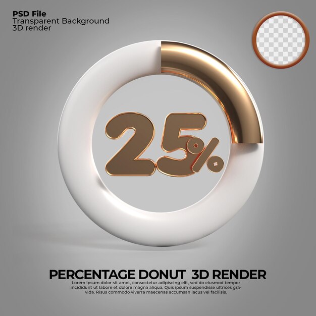 3D Renderização número 25 donut de porcentagem para estilo de ouro de infografia de relatório de progresso