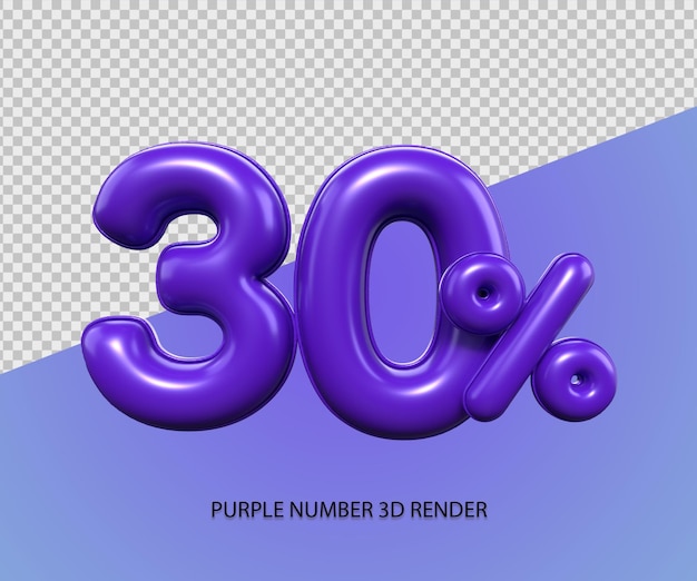 3d renderização número 30 percentual plástico roxo desconto