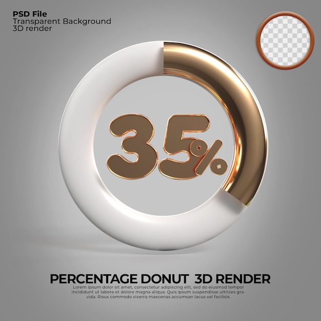 3D Renderização número 35 donut de porcentagem para estilo de ouro de infografia de relatório de progresso