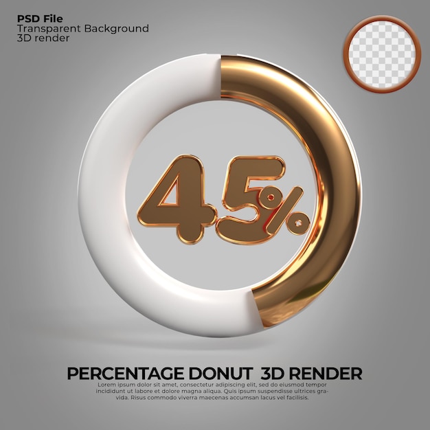 3d renderização número 45 donut de porcentagem para estilo de ouro de infografia de relatório de progresso