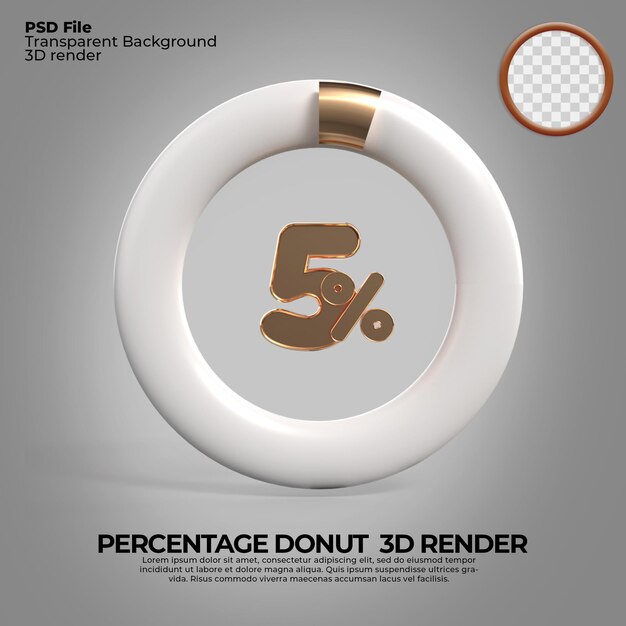 3D Renderização número 5 donut de porcentagem para estilo de ouro de infografia de relatório de progresso