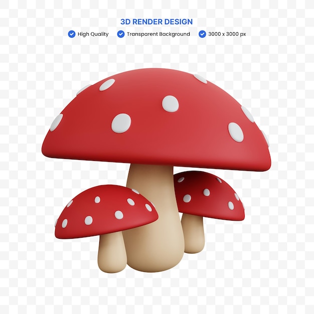 PSD 3d renderização três cogumelos isolados