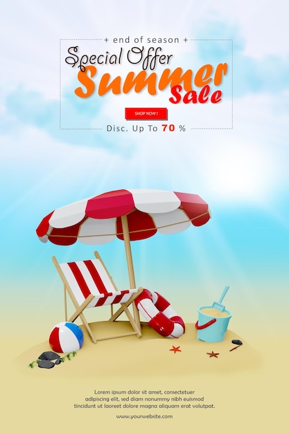 3d renderização viagem especial de férias de verão para a praia com desconto especial