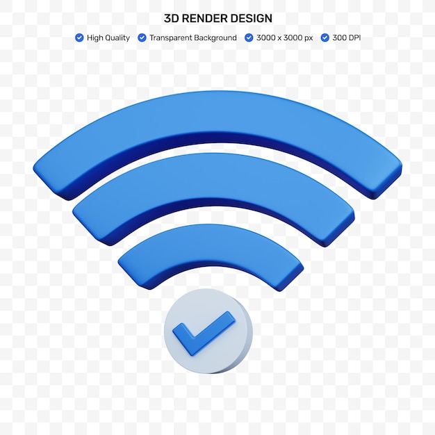 PSD 3d renderização wifi azul com ícone de carrapato isolado