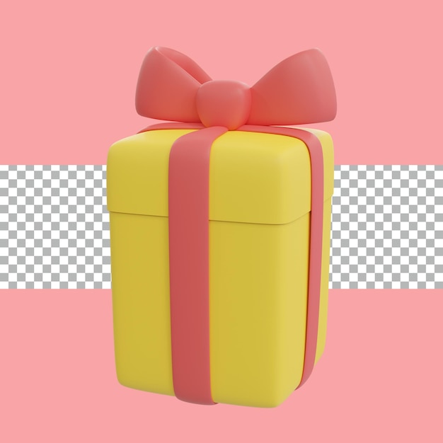 PSD 3d renderización de la larga caja de regalo amarilla con el arco rojo es adorable transparente