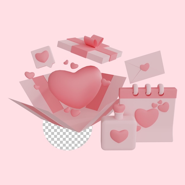 PSD 3d renderizado confeti de regalo de san valentín, hogar, calendario, carta y elemento lindo de perfume