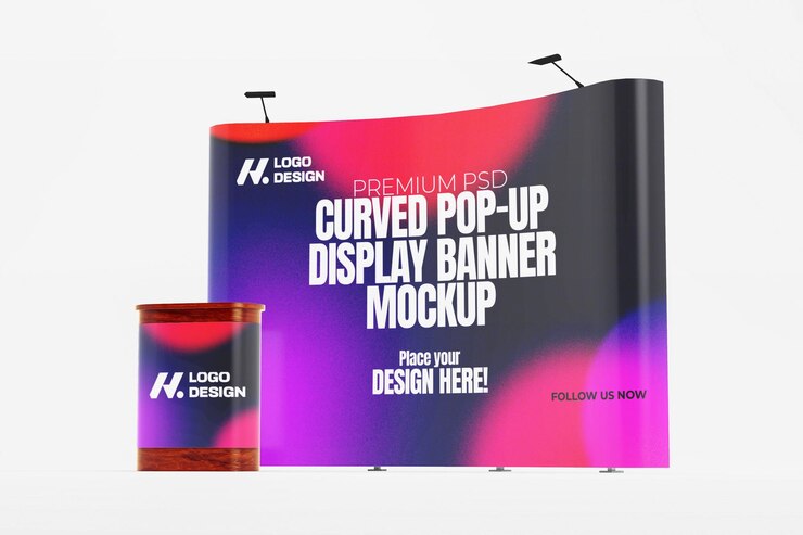 3d renderizado Curved PopUp Display Banner Mockup para la promoción de eventos