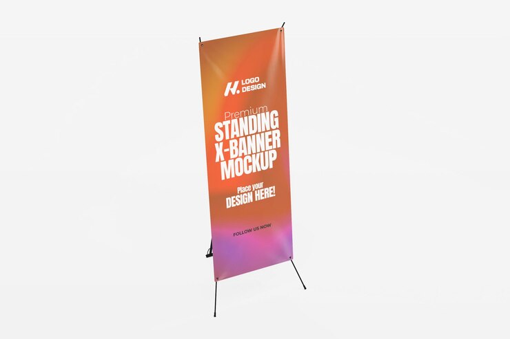 3d renderizado Premium Standing XBanner Mockup para publicidad y eventos