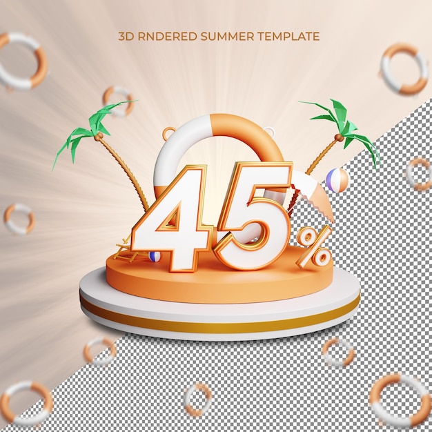 3d renderizado verão oferta de desconto de 45 por cento isolada