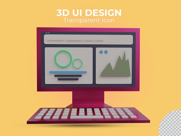 3d renderizado vermelho da iu do computador com ícone transparente, vista frontal