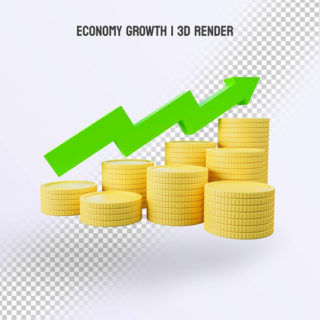 3d renderizar economia de moeda de ouro aumentar seta verde