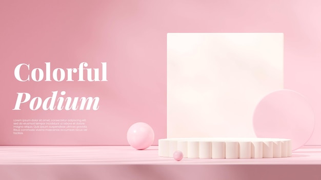 3d renderizar escena vacía podio de cilindro blanco en forma de paisaje de color rosa claro y pared
