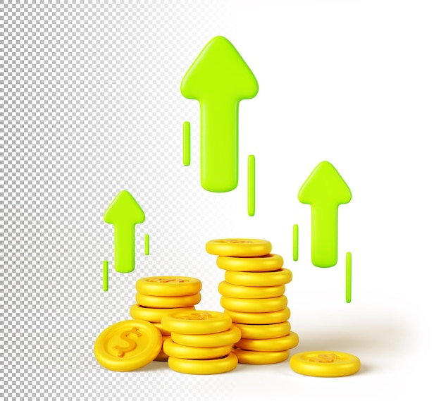 3d renderizar flechas verdes hacia arriba iconos y pilas de monedas de oro dólares en fondo blanco Éxito financiero riqueza y dinero crecimiento inversión ahorros acciones o aumento de ganancias concepto