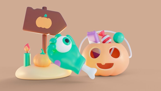 3D renderizar fundo de halloween com elementos assustadores