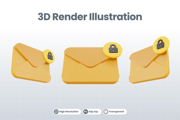 PSD 3d renderizar ícone bloqueado de correio com correio laranja e amarelo bloqueado