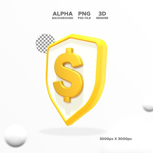 3d renderizar ícone de escudo de proteção de dinheiro para objeto isolado de ilustração de design