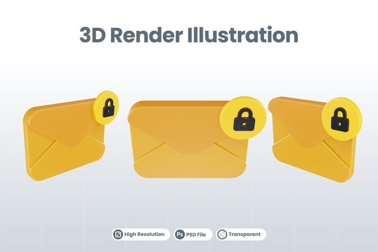 PSD 3d renderizar icono de correo bloqueado con correo naranja y amarillo bloqueado