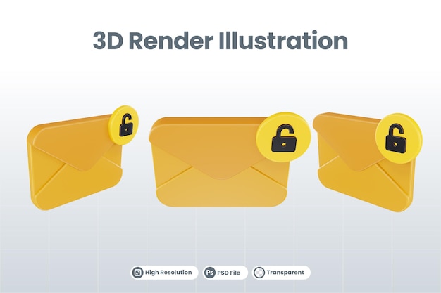 3d renderizar icono de correo desbloqueado con correo naranja y amarillo desbloqueado