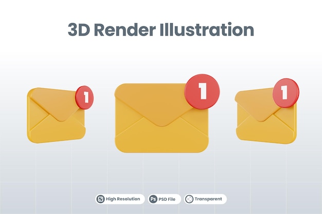 3d renderizar un icono de notificación de correo con correo naranja y una notificación roja